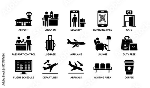 Airport icons: travel essentials including security, lounge, luggage, and boarding gate