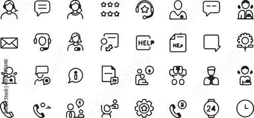 Minimal customer service thin line icons set, editable stroke vector for support, assistance, question, operator, and help symbols