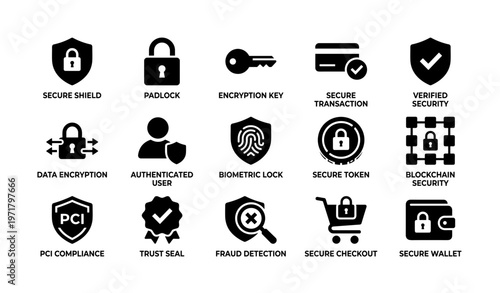 Secure icons collection: shield, padlock, encryption key, biometric lock, secure wallet
