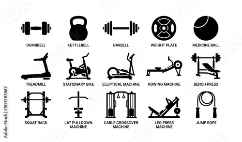 Gym equipment icons: weights, machines, and exercise tools illustrated