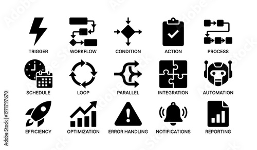 Workflow automation icons featuring integration, schedule, and efficiency symbols