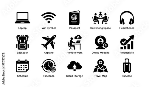 Remote work essentials: connectivity and productivity icons for digital nomads