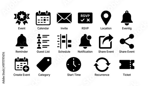 Event management icons: calendar, rsvp, notification, schedule, location
