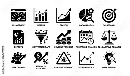Business analytics icons: kpi, growth, data insights, revenue, roi