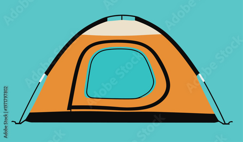 Camping tent set up in a bright blue background during a sunny day