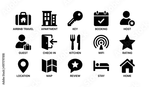 Black and white icons: airbnb, key, booking, wifi, check-in, stay, home, map, host, guest