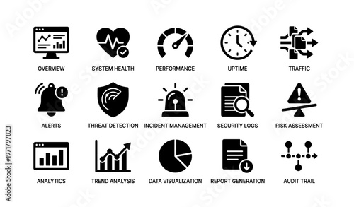Set of technology icons for system monitoring and performance analysis