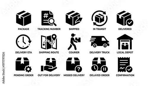 Package delivery icons: shipping, tracking, transit, courier services, depot