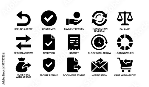 Financial icons: refund, payment, transaction, balance, security symbols