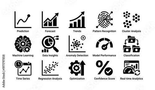 Data science icons: prediction, machine learning, and pattern recognition visuals