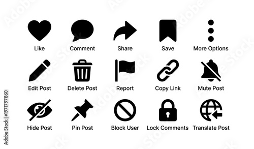 Social media interface icon set featuring like comment share edit and more
