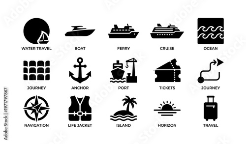 Icons of water travel: boats, ferries, cruise ships, and ocean adventures