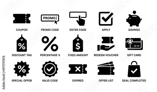 Icons of coupon codes and savings: promos, discounts, gift cards, special offers