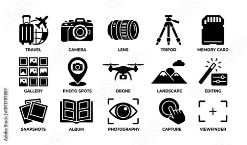 Icon set: travel, photography, technology tools and equipment symbols