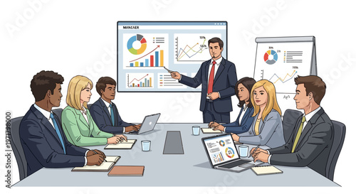 An energetic businessman delivers a lively presentation to his diverse colleagues around a conference table with laptops, using graphs on a screen and a whiteboard in a brightly lit office