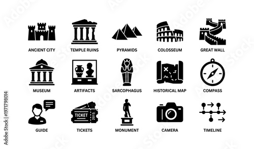 Icon set of ancient city landmarks and travel elements
