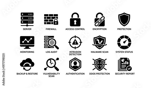 Cybersecurity icons: server, firewall, access control, encryption, protection
