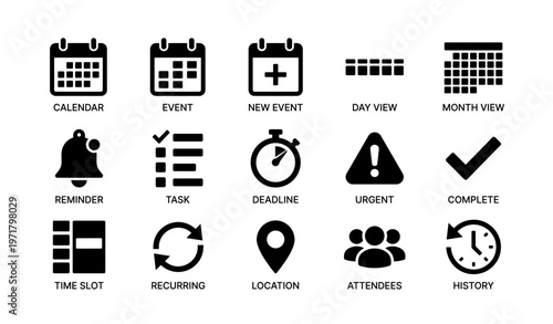 Black icons set: calendar, event, reminder, task, deadline, urgent, complete