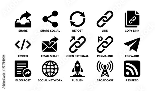Social media icon set: share, link, email, forward, rss symbols