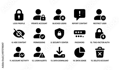 User privacy and security icons for account management