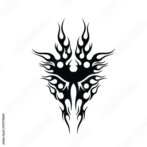 A bold black tribal flame tattoo design, symmetrical and intricate with sharp points and rounded elements, set against a clean white background for graphic use