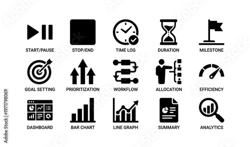 Project management icons for time tracking, task allocation, and efficiency