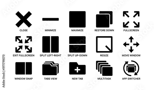 Window management icons: close, minimize, maximize, resize, multitask