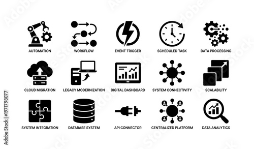 Technology icons for automation and data processing in modern digital systems