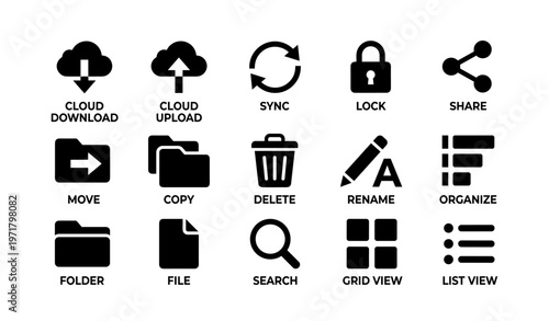 Cloud and file management icons for digital organization