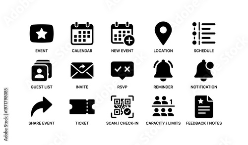Event management icons: calendar, rsvp, reminder, and notification symbols
