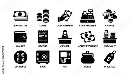 Financial icons collection including cash payment and currency symbols