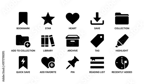 Set of minimalist black user interface icons for organization and saving functions