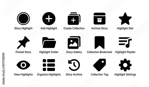 Set of black story highlight icons for social media interface
