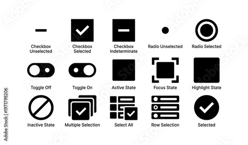 Different interface icon states: checkboxes, toggles, radio buttons, and selection marks