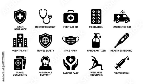 Essential health symbols: first aid kit, doctor consult, medication, travel safety icons