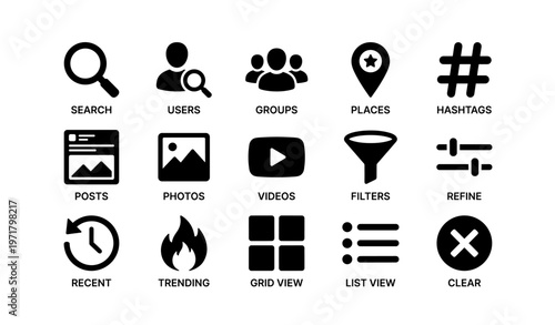 Social media icons: search users hashtags photos videos filters trends