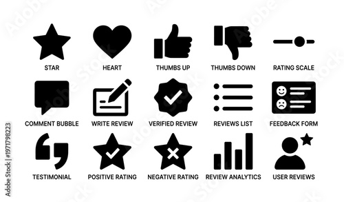 Review icons collection: star, heart, thumbs up, thumbs down, rating scale, analytics