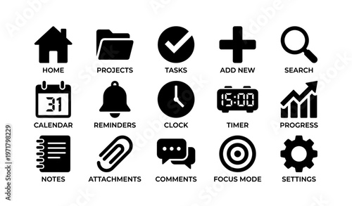 Set of 16 black office icons for business and organization