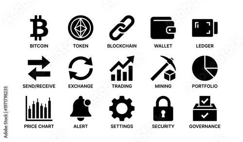 Cryptocurrency icons: blockchain, wallet, mining, security, trading