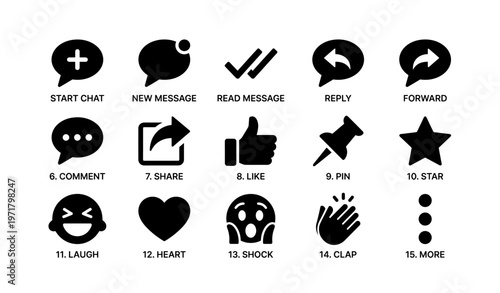 Icon set for social media interaction including chat, like, and share symbols