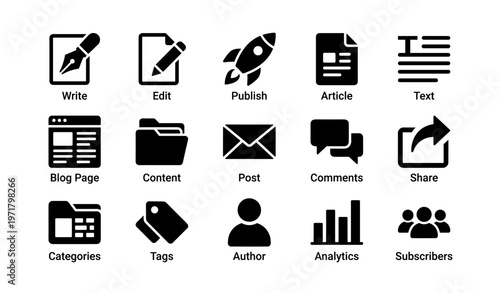 Set of 15 black icons representing blogging and publishing tools
