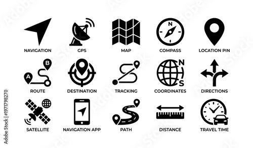 Navigation and gps icons set featuring compass, map, location pin, and directions
