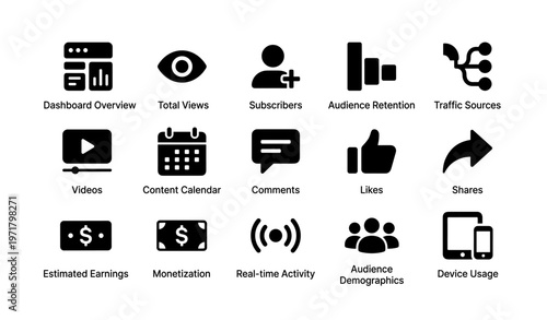 Social media analytics icons: dashboard, views, subscribers, retention, traffic