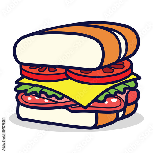 Cartoon Sandwich With Cheese Tomato Lettuce And Meat.