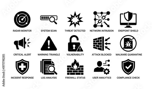 Cybersecurity icons: threat detection, network intrusion, and vulnerability management