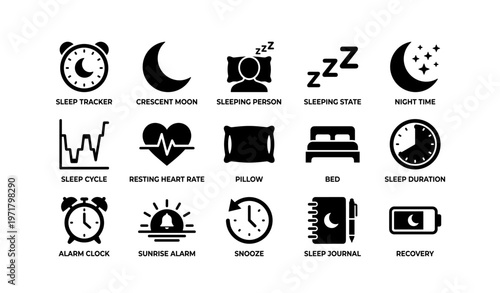 Sleep icons: tracker, moon, pillow, bed, alarm, cycle, heart