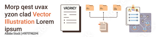 Hiring process, HR management, career development, job application, professional recruitment, workflow illustration. Vacancy announcement, folders and candidate profiles linked. Hiring process