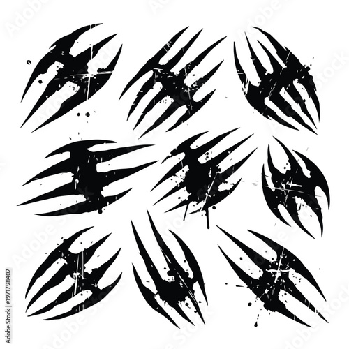 Collection of distressed black claw marks with grunge splatter effects, resembling tribal designs, isolated on a clean white background conveying aggressive energy