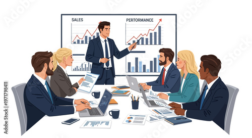 During a business presentation, a confident businessman gestures at a rising performance chart on a screen, while his colleagues observe and take notes in a brightly lit office setting