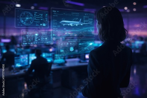 Woman in futuristic control room with holographic screens displaying data and aircraft